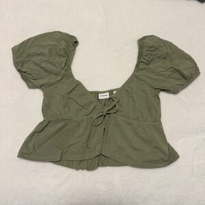 Sunday Best Olive Puff-Sleeve Tie-Front Crop Top